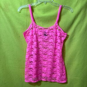 Neon Pink All Over Lace Cami Tank Top y2k L Sheer Smart & Sexy